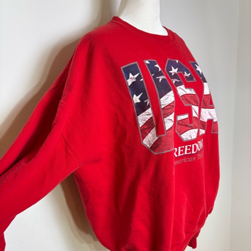 Vintage 90s Y2K USA Bright Red Patriotic Flag Sweatshirt America Freedom - Picture 7 of 14